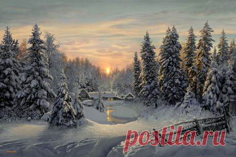 В чертогах матушки Зимы. В чертогах матушки Зимы
Притихли буйные метели.
Снег повалил, как из сумы,
Одев манто с утра на ели.