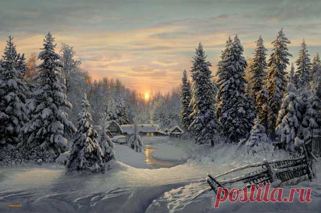 В чертогах матушки Зимы. В чертогах матушки Зимы
Притихли буйные метели.
Снег повалил, как из сумы,
Одев манто с утра на ели.