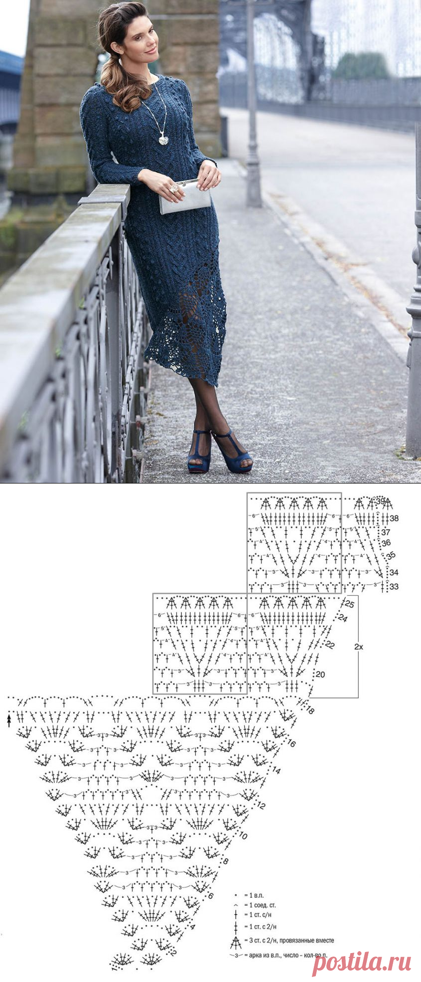 Элегантное синее платье спицами с ажурной вставкой из ананасов крючком – схемы вязания с описанием
