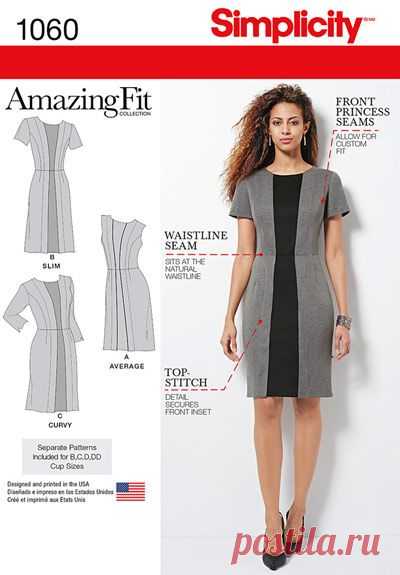 Simplicity 1060 Misses' & plus size Amazing Fit dress views B & C feature contrast inset panel. View A features inset piping. Pattern includes individual pattern pieces for slim, average & curvy shape, & for B, C, D, DD cup sizes.