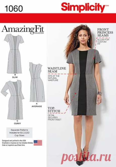 Simplicity 1060 Misses' & plus size Amazing Fit dress views B & C feature contrast inset panel. View A features inset piping. Pattern includes individual pattern pieces for slim, average & curvy shape, & for B, C, D, DD cup sizes.