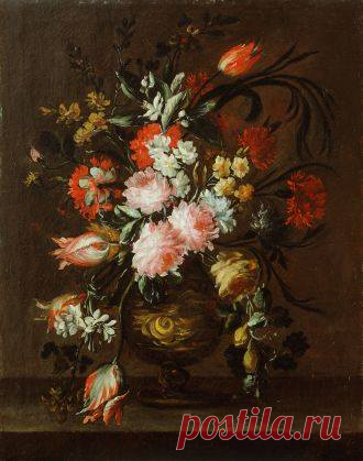 Giuseppe Vicenzino
(active 2nd half 17th cent.)
Vase of Flowers and a Tulip Hanging Down to the shelf
oil, canvas
