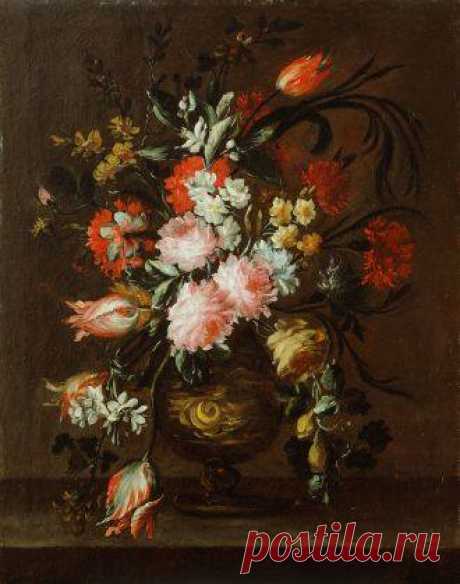 Giuseppe Vicenzino
(active 2nd half 17th cent.)
Vase of Flowers and a Tulip Hanging Down to the shelf
oil, canvas