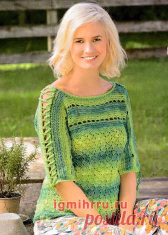 Джемпер со шнуровкой на цельновязанных рукавах. Крючком. / igmihrru.ru