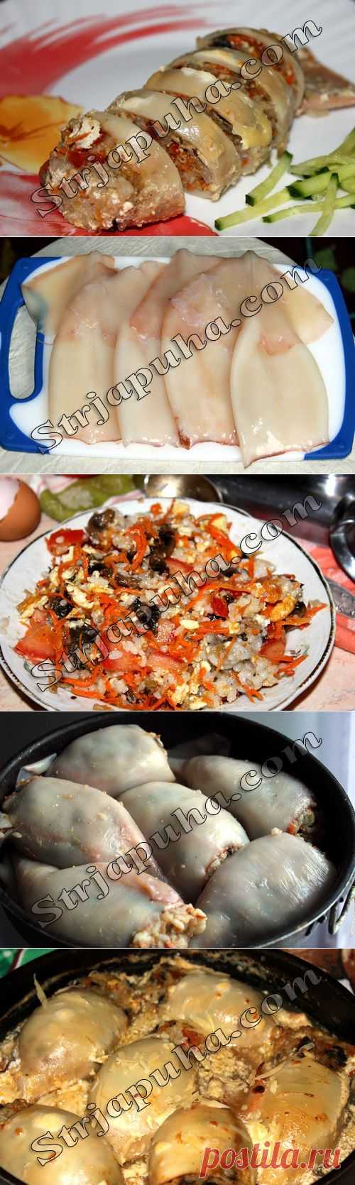 Кальмары, фаршированные грибами, рисом и овощами