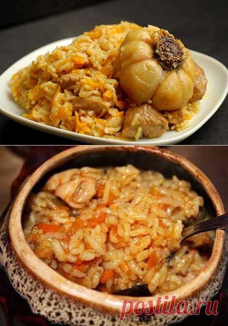 ПЛОВ С КУРОЧКОЙ !!!   **На 3 горшочка. *Окорочок 1шт -кусочки, натри специями. *В сковороду: курочка -тушим; морковь 1шт -тёрка, лук 1шт -и до готовности. *В горшочки: туш/кура, добавь по 2ст.л риса, соль, перец, чеснок; воды на 1-2см выше риса; по крышку. *В духовку на 30мин.