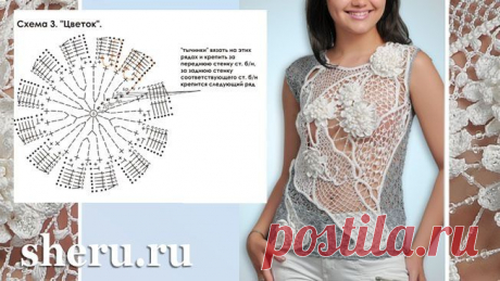 Кофточка с ажурной вставкой из "цветов" - Схема крючком 503