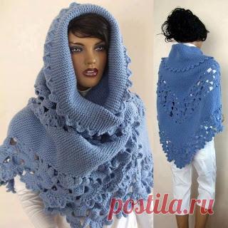 Теплая шаль, бактус (спицы+крючок) с отделкой из ленточного кружева, схема