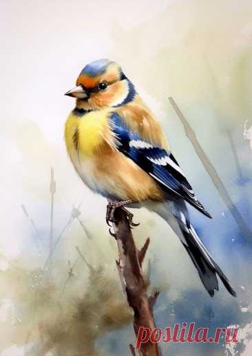 a bird sitting on top of a tree branch in front of watercolor painting background