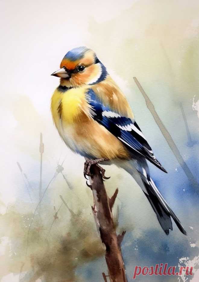 a bird sitting on top of a tree branch in front of watercolor painting background