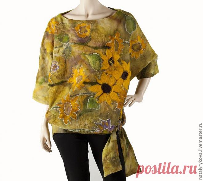 "Подсолнухи"  батик на шифоне+нунофелтинг - блузка,блузка женская