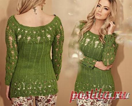 Ажурная кофта крючком зеленого цвета
