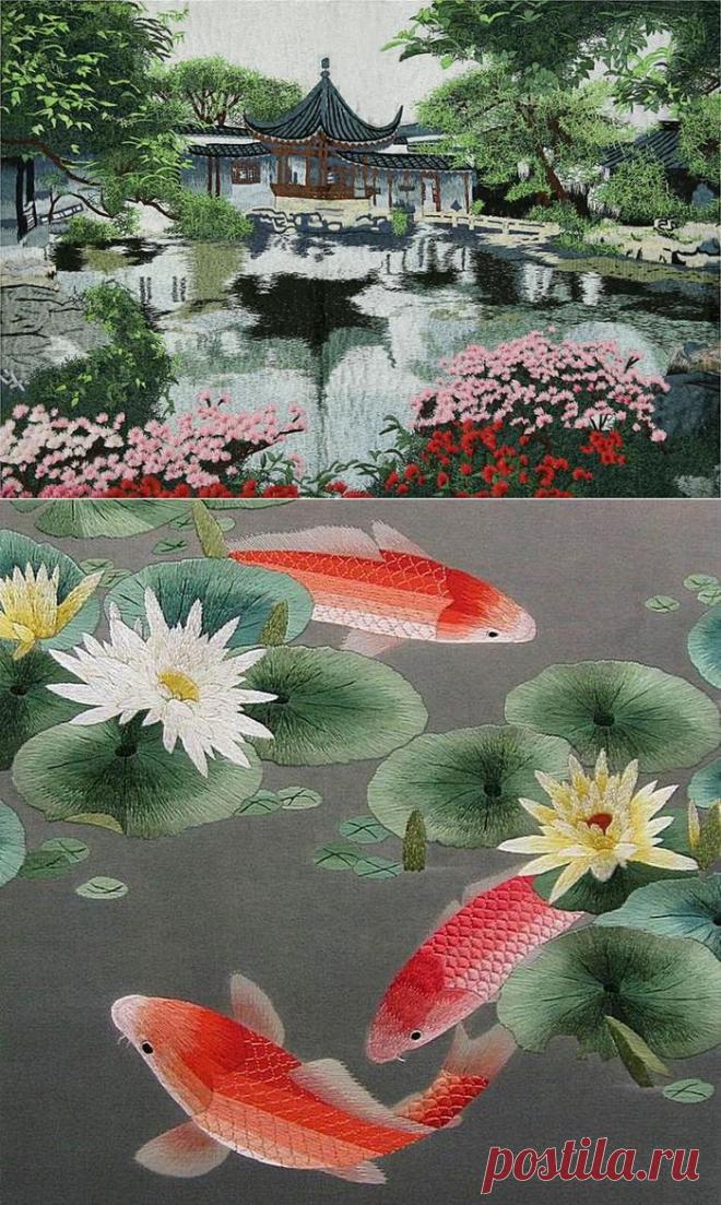 Искусство китайских мастериц. Картины, вышитые шелком...