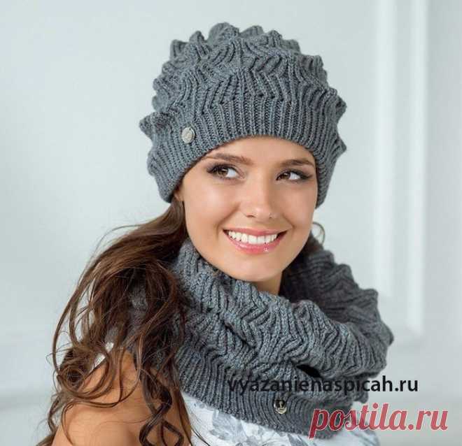 Как связать модную шапку спицами landre Элиза.