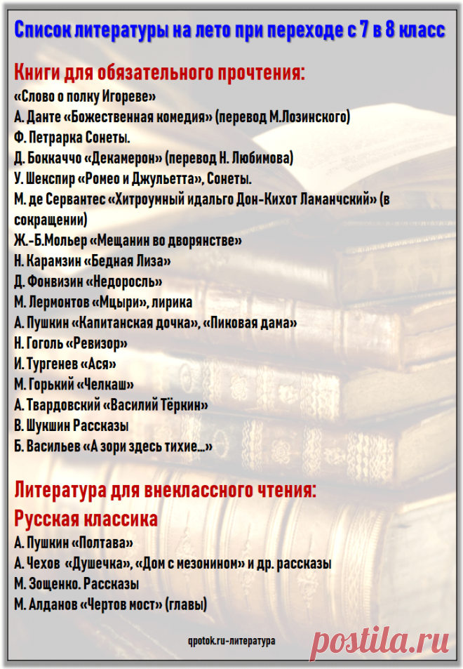 Список литературы на лето, когда переходим в 8 класс
