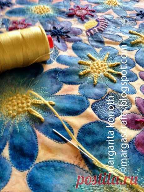 Margarita Korioth: Quilting/ Mixed Media Artist, Paper + Fabric creates a beautiful texture using #Aurifi 12 wt and 28wt threads on infused newspri… | Pinteres…
