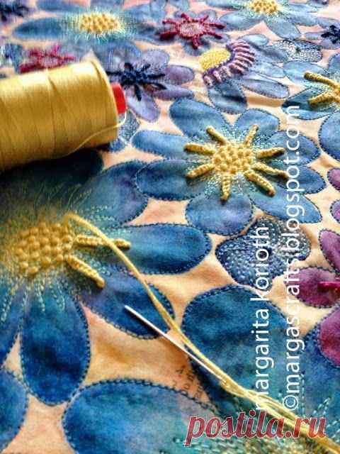 Margarita Korioth: Quilting/ Mixed Media Artist, Paper + Fabric creates a beautiful texture using #Aurifi 12 wt and 28wt threads on infused newspri… | Pinteres…