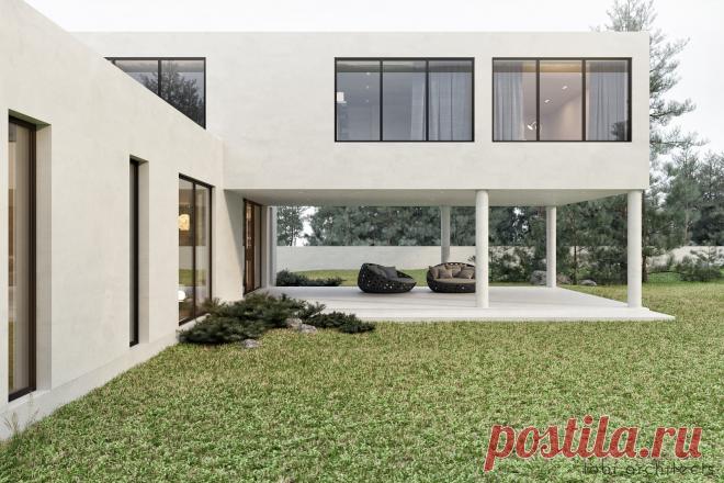 Белоснежный строгий дом стоит на обширном участке в окружении соснового леса. Просторный и минималистичный,в стиле раннего модернизма, он создан для единения с природой, отдыха и созерцания.
Архитектурный образ здания построен на контрастном сочетании его горизонтальных объёмов и вертикалей окружающих сосен. Таким образом все жилище – это прекрасная обзорная площадка.