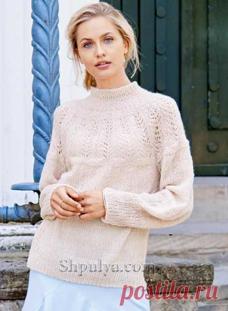 Кремовый пуловер с ажурной кокеткой — Shpulya.com - схемы с описанием для вязания спицами и крючком