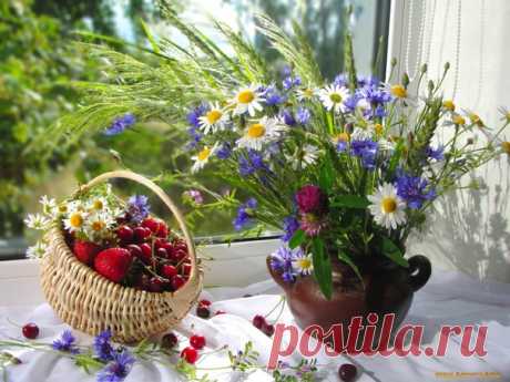 Привет, ИЮЛЬ!☀ 🍀🌺 Июль! Июльская жара - макушка лета, Ночь коротка, а яркий день длинней, Деревья сочной зеленью одеты, Созревшим хлебом пахнет из полей! Погода царствует вовсю, на славу! Повсюду буйство красок, как салют: Цветы пестреют, и дурманят травы, И звонко птицы по утрам поют! Прозрачен воздух, и на сердце нега, Созрели яблоки, манят сады, Природа, словно чудо, манну с неба, Ждет ласковой, живительной воды... А он степной нечесаный растрёпа, Пропахший липой и травой, Ботвой и запахом…