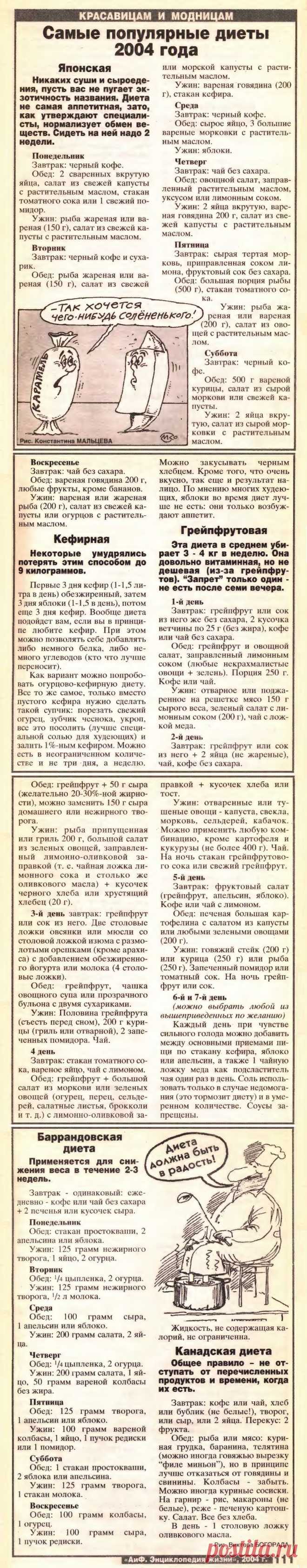 Самые популярные диеты 2004 года (японская, кефирная, грейпфрутовая, баррандовская, канадская)