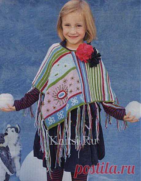 Пестрое пончо с вышитыми цветами. Вязание для детей / Детское / Спицами