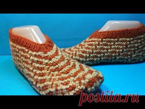 #731 домашние уютные тапочки спицами без шва на подошве/ подробный мастер класс