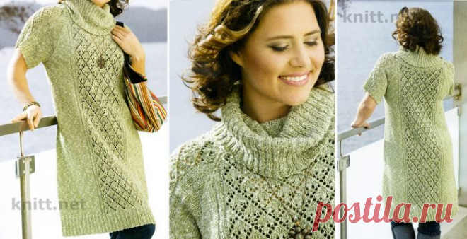 Платье зеленого цвета с ажурным узором | knitt.net