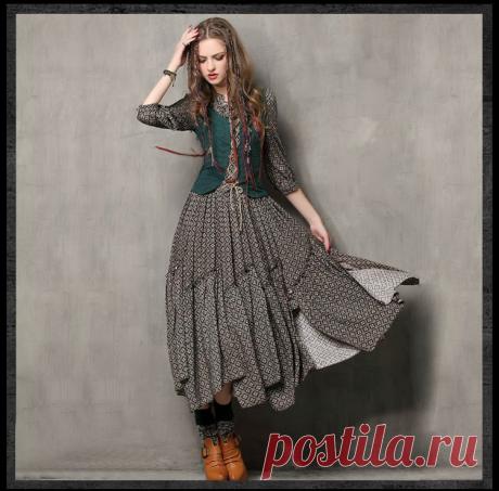 Платье Винтажный Три Четверти Лето , Стиль женщины 2015 Yuzi туника хлопок Combo воротник мандарин рукав макси Vestido 6526 купить на AliExpress