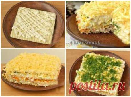 Вкусные рецепты: Закусочный торт из вафельных коржей с консервами