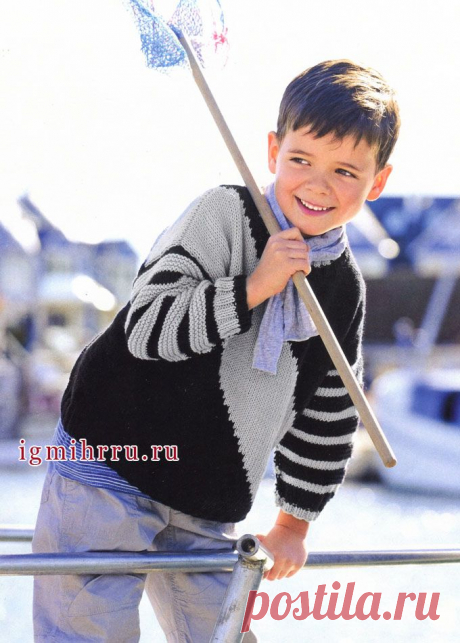 Пуловер в серебристо-черную диагональную полоску, для мальчика 3-9 лет, от Verena. Спицы