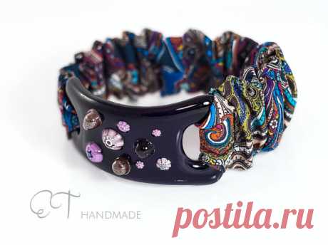 Purple Murano glass floral bracelet, Statement bracelet Unique jewelry women, Unique gifts for women Holiday gift ideas Unique gifts for her Unique gift for her idea, OOAK dark violet and purple shades asymmetric bracelet, very original and stylish made with Murano transparent glass decorated with murrinis - original venetian glass flowers, and the stretch cotton fabric band. The focal element is handmade by me using the technique of glass fusing and slumping, the paisley ...