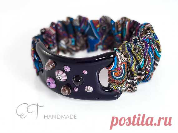 Purple Murano glass floral bracelet, Statement bracelet Unique jewelry women, Unique gifts for women Holiday gift ideas Unique gifts for her Unique gift for her idea, OOAK dark violet and purple shades asymmetric bracelet, very original and stylish made with Murano transparent glass decorated with murrinis - original venetian glass flowers, and the stretch cotton fabric band. The focal element is handmade by me using the technique of glass fusing and slumping, the paisley ...