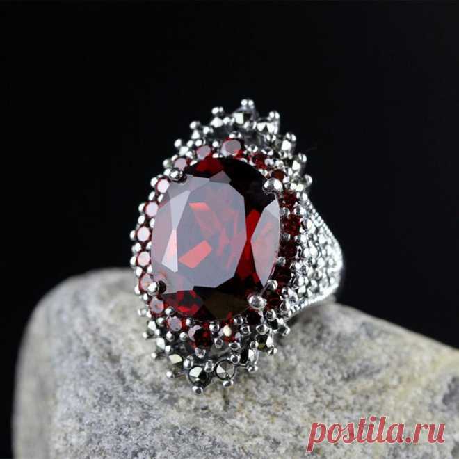 Red Natural Garnet Ring-925 Silver Wedding Ellipse | Etsy