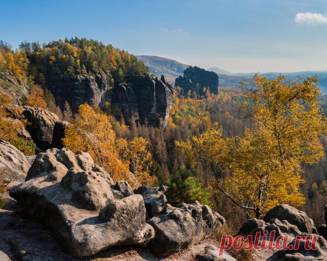 Картинки германия, осень, горы, saxony, скала, деревья, природа - обои 1280x1024, картинка №435001