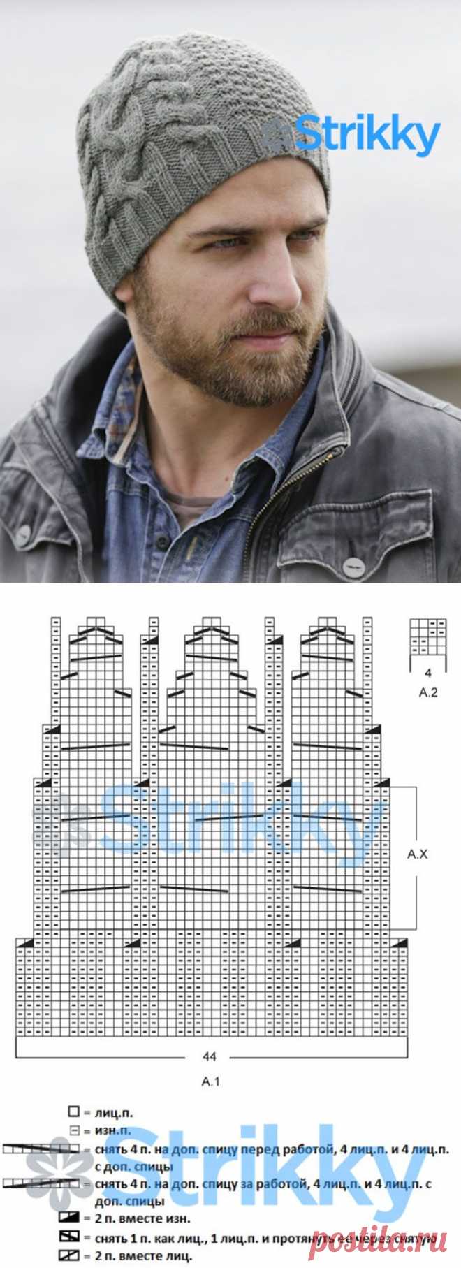 Красивая и стильная мужская шапка от Drops Design со жгутами и косами вязаная спицами | Strikky.ru