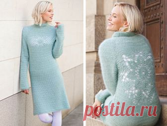 Тёплое платье (туника) с узкой ажурной вставкой на передней части и огромной розеткой на спине. Крючком. / knittingideas.ru