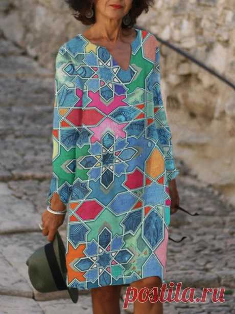 Colorful Geometric Print V-neck Long Sleeve Daily Casual Midi Dress - US$16.99