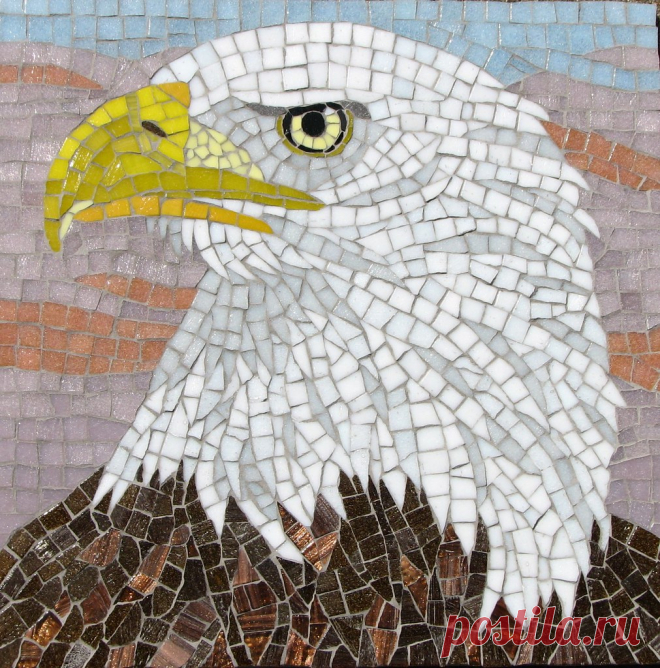 Bald Eagle Mosaic Grouted. Made in honor of the bald eagle I saw sitting in an oak tree at the park last December.  The crows were not happy about it!  Vitreous glass on acrylic, 12' x 12