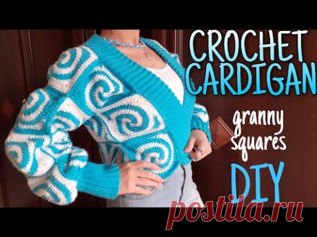 Жакет из квадратных мотивов (безотрывное вязание крючком). Часть 1. Сrochet jacket.