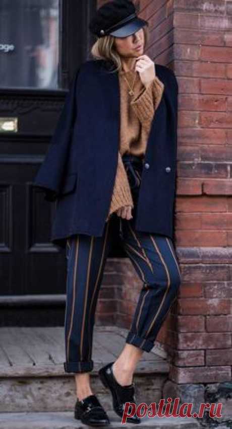 fall office outfit ispiration / brown sweater + coat + hat + striped pants + loafers