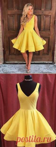 cheap yellow stain homecoming dresses short, simple a line knee length prom party dress, semi formal dress