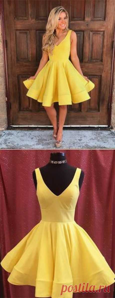 cheap yellow stain homecoming dresses short, simple a line knee length prom party dress, semi formal dress