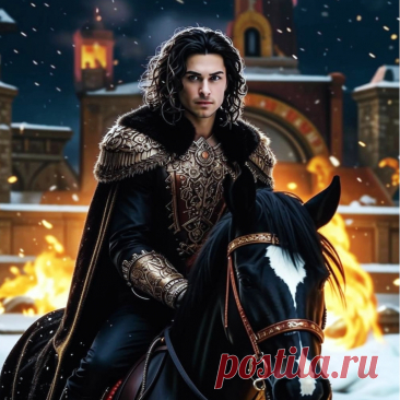 Фёдор Басманов. ПРОМПТ: Юный опричник на коне, на фоне горящей боярской усадьбы (нейросеть Кандинский 3.1).