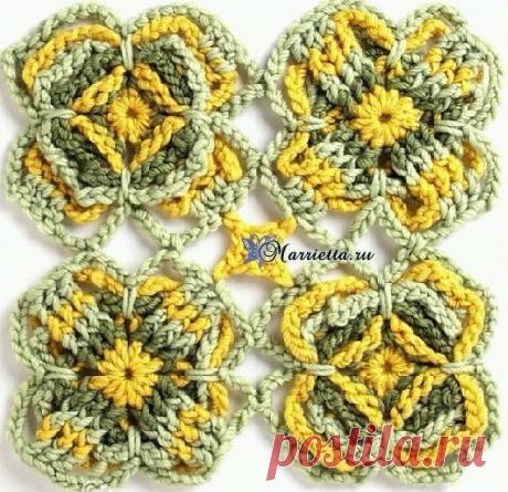 Трехцветный мотив крючком для вязания пледа или подушки