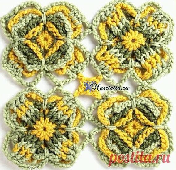 Трехцветный мотив крючком для вязания пледа или подушки