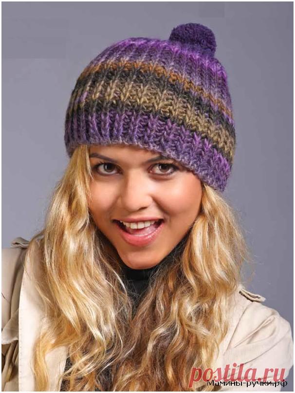 Вязаная спицами шапка из фиолетовой меланжевой пряжи. Схемы и описание - Мамины ручки