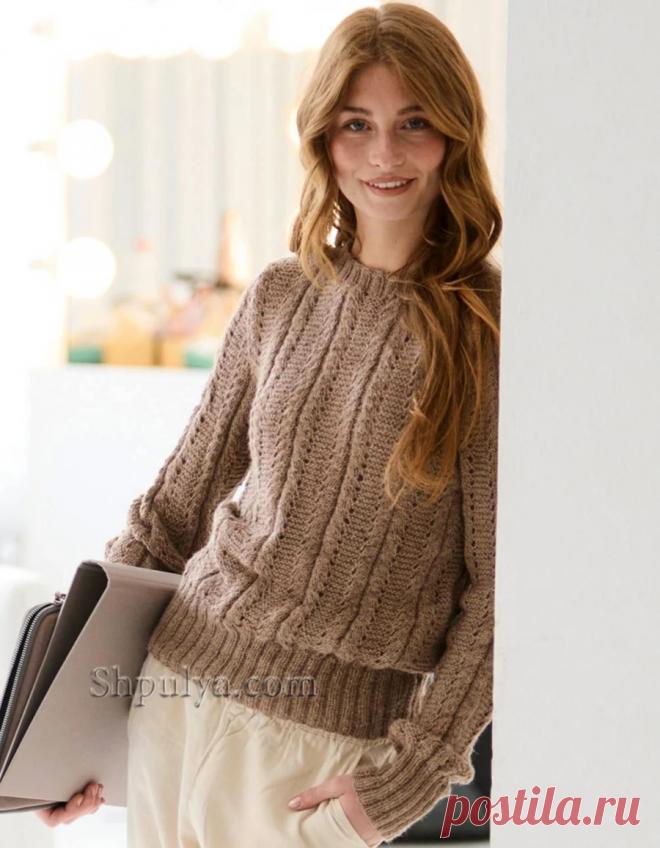 Шоколадный вязаный пуловер с ажурным узором из шерсти ламы — Shpulya.com - схемы с описанием для вязания спицами и крючком