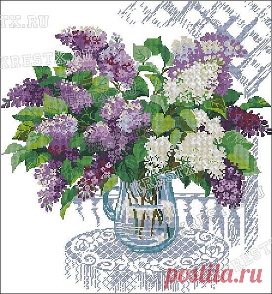 Скриншот схемы вышивки крестом 'Букет сирени в вазе' на Крест X.ru