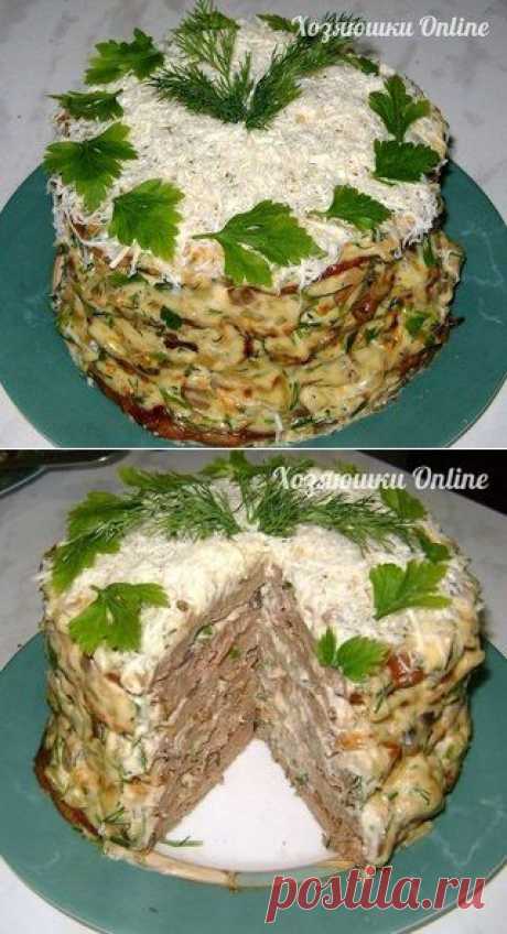 Печёночный торт с грибами